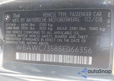 2008 BMW 335Xi из США, поврежденный, VIN WBAWC73588E066356